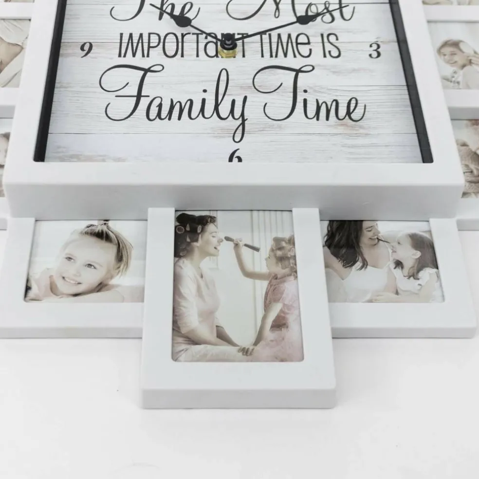 White Farmhouse Shabby-Chic "Family Time" Picture Frame Wall Collage Clock