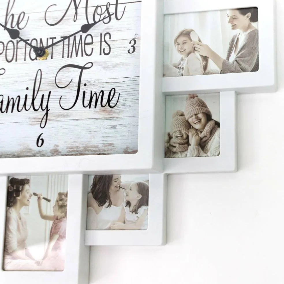 White Farmhouse Shabby-Chic "Family Time" Picture Frame Wall Collage Clock