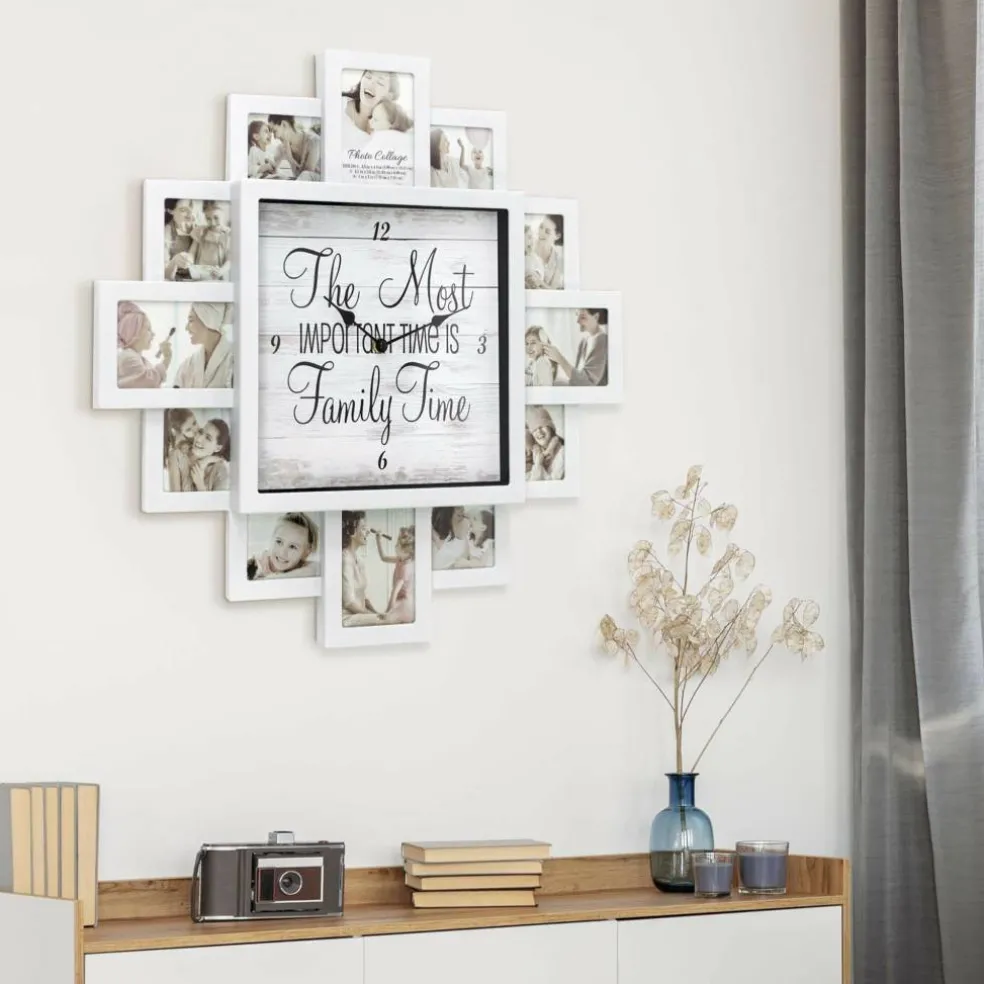 White Farmhouse Shabby-Chic "Family Time" Picture Frame Wall Collage Clock