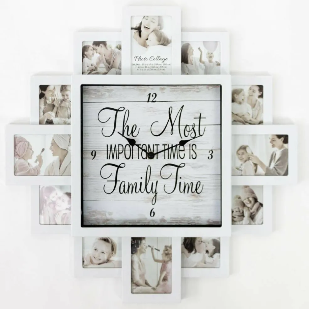 White Farmhouse Shabby-Chic "Family Time" Picture Frame Wall Collage Clock