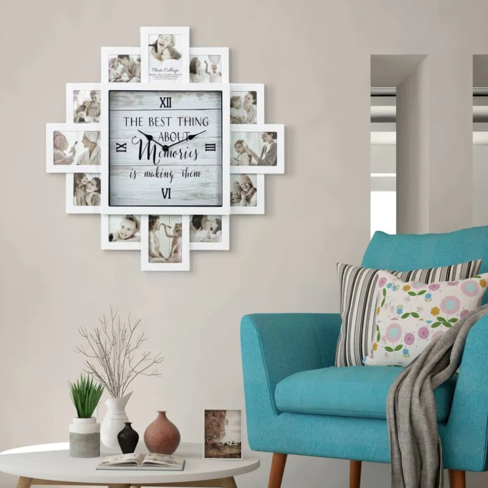White Farmhouse Shabby-Chic "Memories" Picture Frame Wall Collage Clock