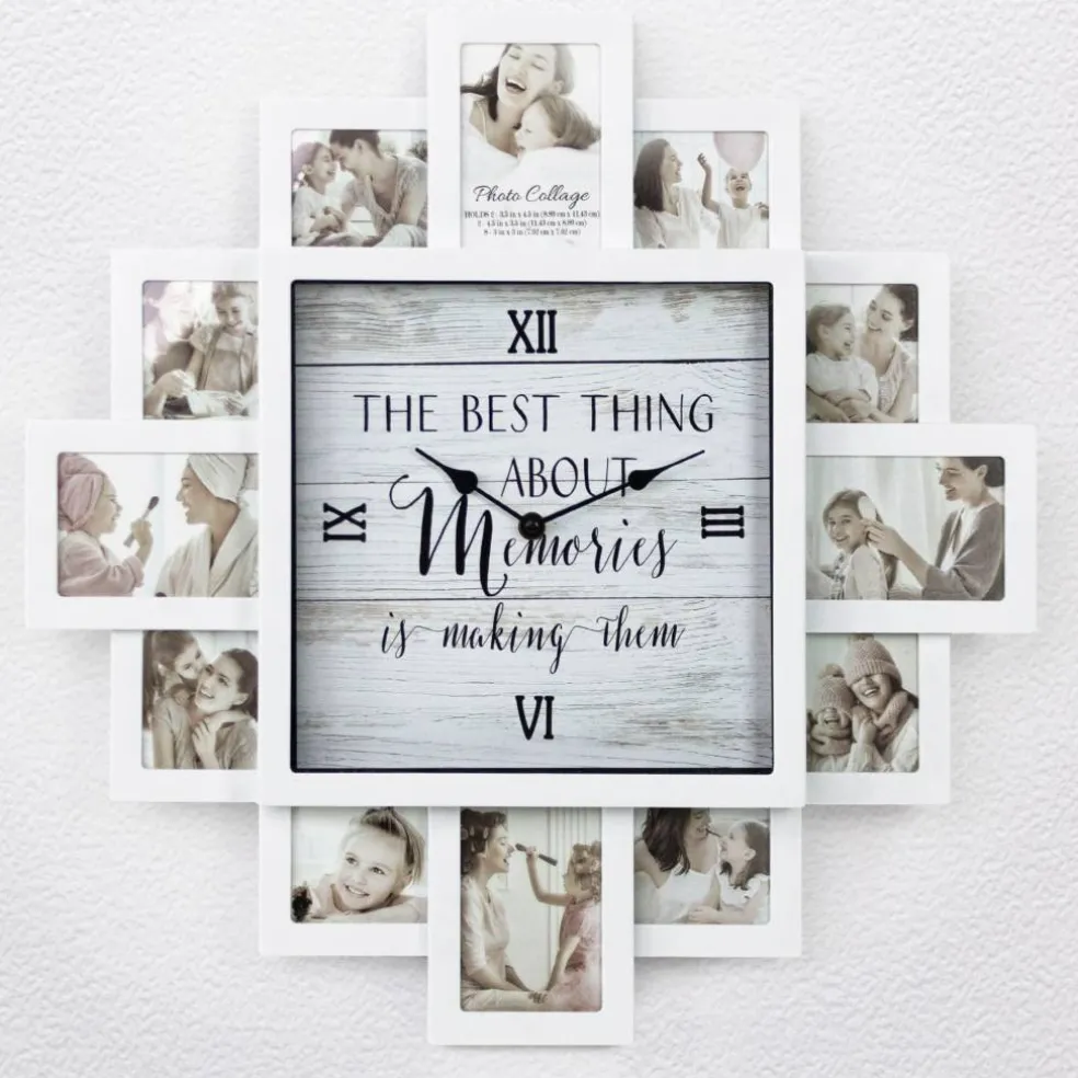 White Farmhouse Shabby-Chic "Memories" Picture Frame Wall Collage Clock