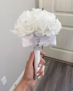 White Foam Rose Bridal Bouquet with Satin Ribbon Handle for Wedding & Party