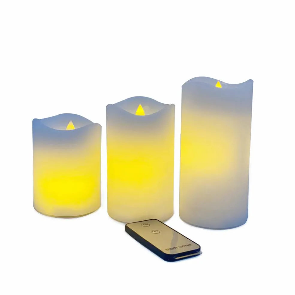 White Glowing Flame LED Wax Pillar Candle Set with Remote by Ashland®