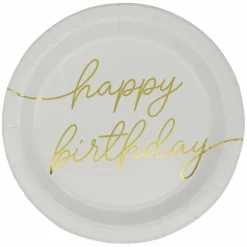 7" White & Gold Happy Birthday Snack Plates, 8ct. by Celebrate Itâ„¢