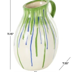 11" White, Green & Blue Drip Design Ceramic Vase with Handle