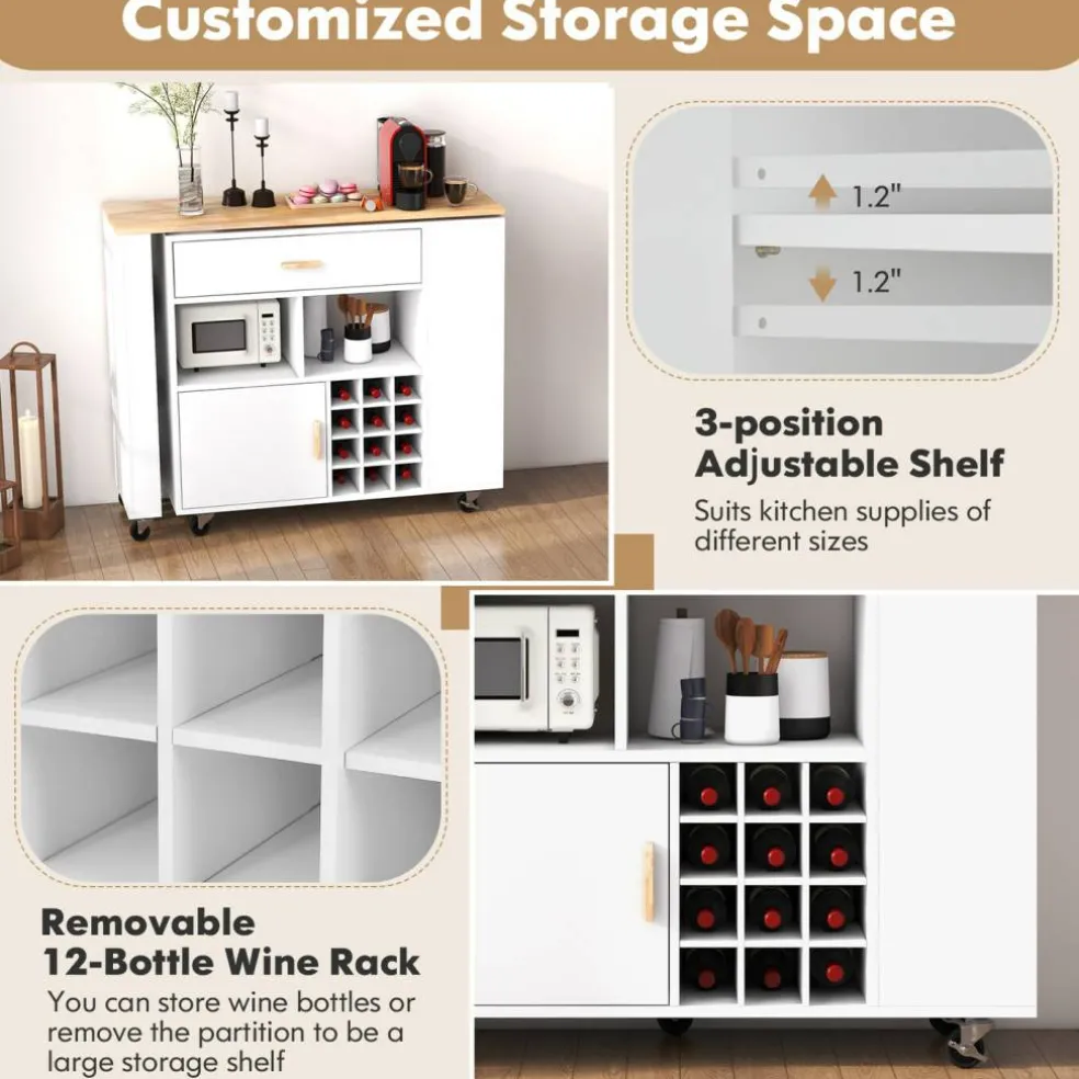 White Kitchen Island Cart Folding with Wine Holder and Spice Storage