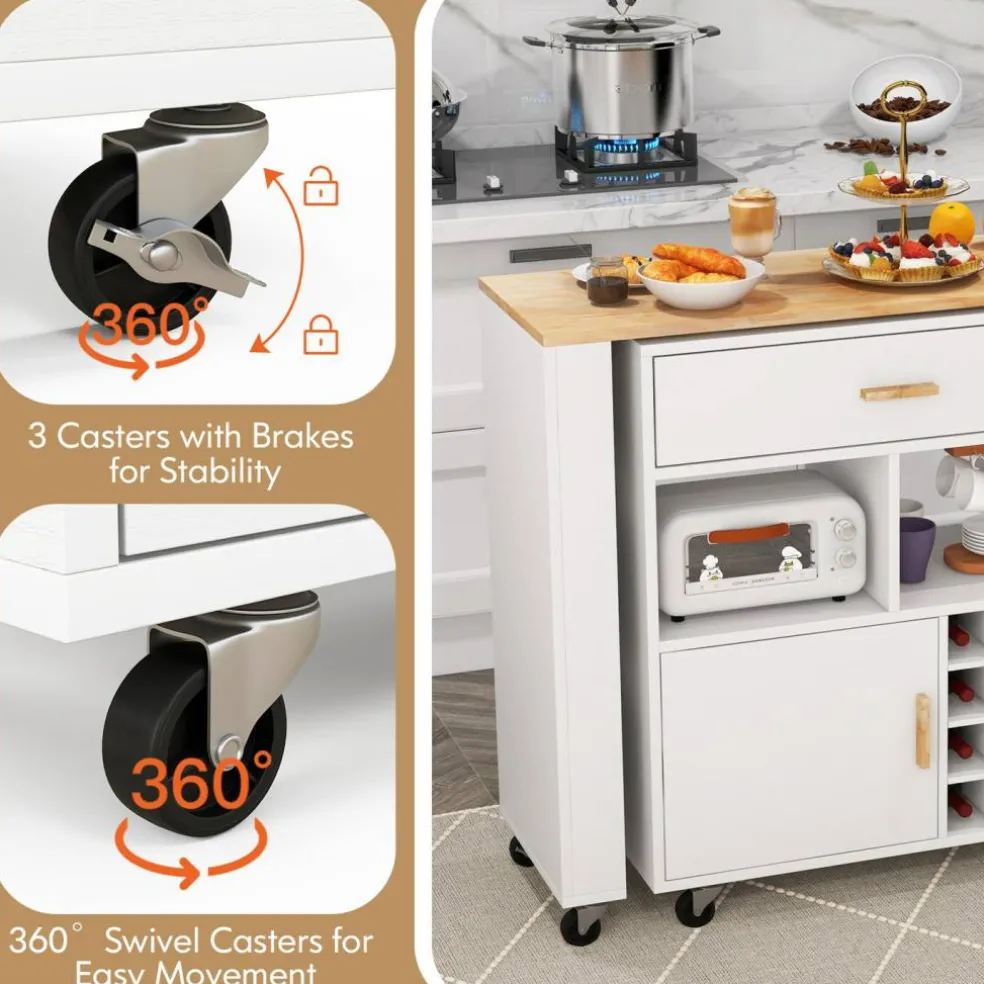 White Kitchen Island Cart Folding with Wine Holder and Spice Storage