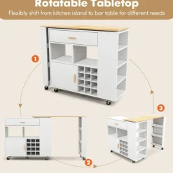White Kitchen Island Cart Folding with Wine Holder and Spice Storage