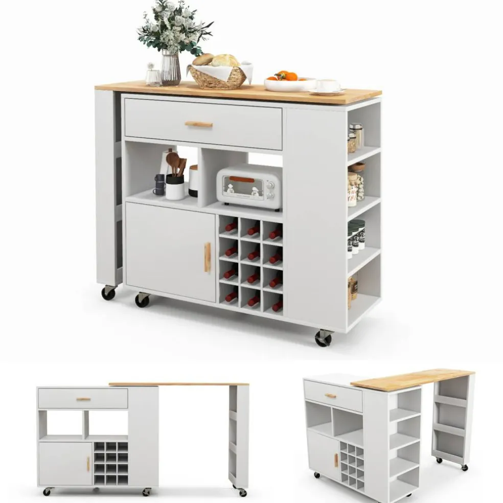 White Kitchen Island Cart Folding with Wine Holder and Spice Storage