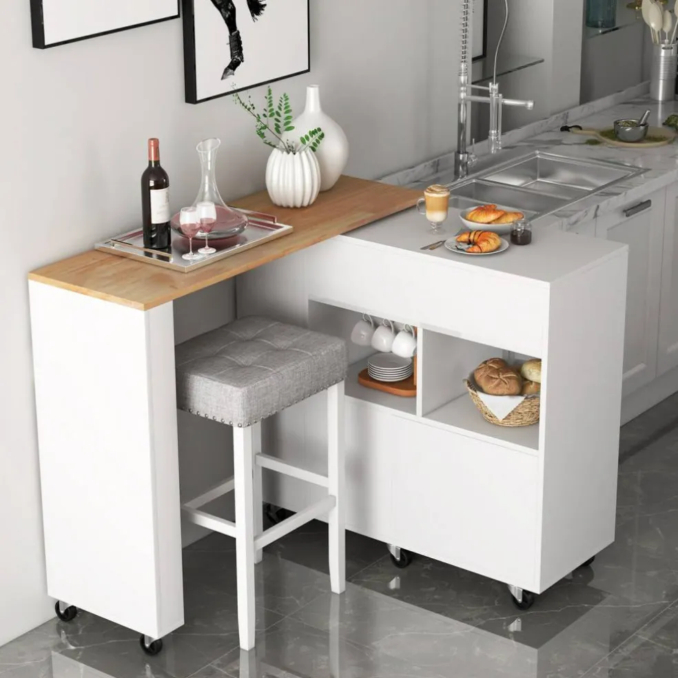 White Kitchen Island Cart Folding with Wine Holder and Spice Storage