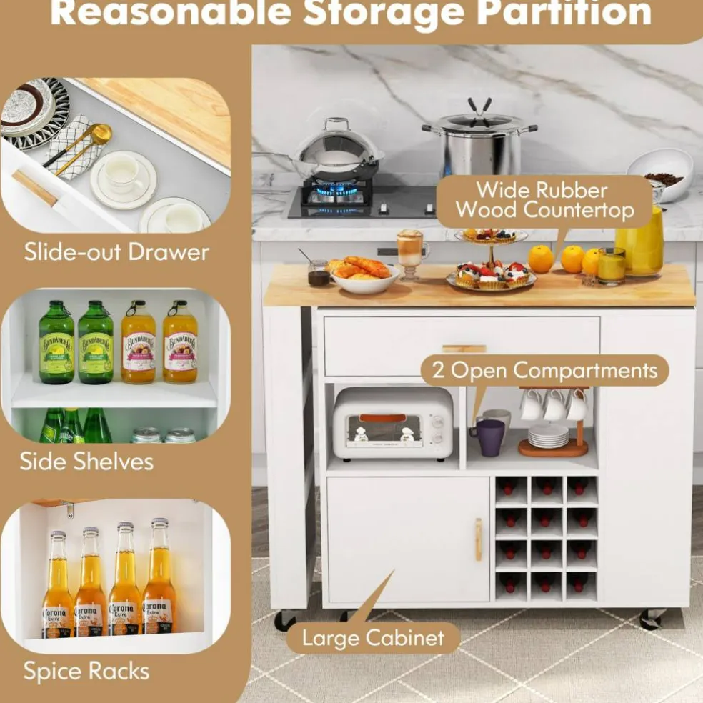 White Kitchen Island Cart Folding with Wine Holder and Spice Storage