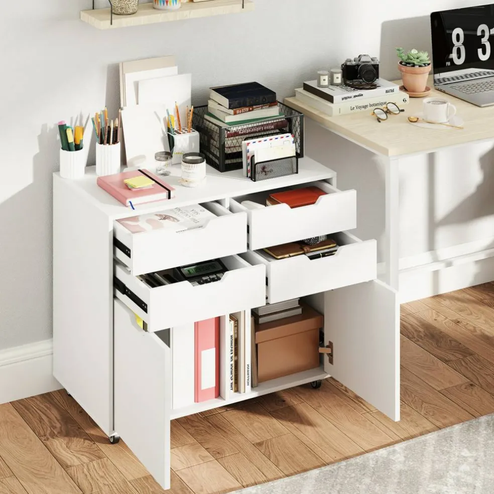 White Mobile Filing Cabinet MDF 4 Drawer Storage Office Organizer