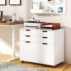 White Mobile Filing Cabinet MDF 4 Drawer Storage Office Organizer