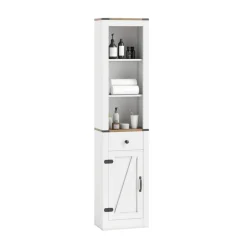 White-Natural Wood Farmhouse Tall Bathroom Cabinet with Adjustable Shelves and Drawer