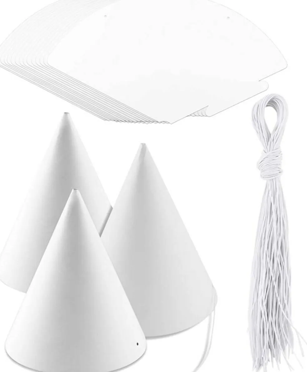 White Party Cone Hats with String, Paintable DIY Craft Hats for Kids, Classroom & Party Crafts, 12 Pack