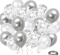 White Silver Confetti Latex Balloons, 50 Pack 12inch Silver Metallic Chrome Party Balloon Set with Silver Ribbon for Wedding Birthday Baby Shower Decorations