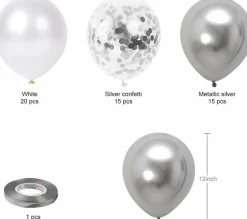 White Silver Confetti Latex Balloons, 50 Pack 12inch Silver Metallic Chrome Party Balloon Set with Silver Ribbon for Wedding Birthday Baby Shower Decorations
