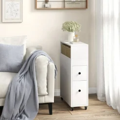 White Slim Bathroom Storage Cabinet with 2 Drawers and Removable Baskets, Rolling Narrow Toilet Storage Organizer with Open Shelf and Lockable Wheels