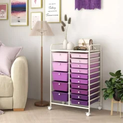 White Steel Frame Rolling Storage Cart with Purple Drawers and 15 Compartments