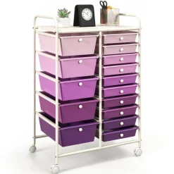 White Steel Frame Rolling Storage Cart with Purple Drawers and 15 Compartments