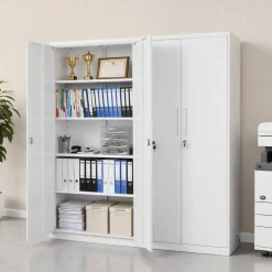 White Steel Storage Cabinet 68.9 in Lockable with 4 Adjustable Shelves