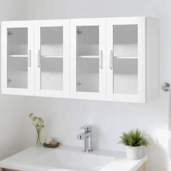 White Wall-Mounted Laundry Cabinets Set of 2 with 4 Doors Adjustable Shelves