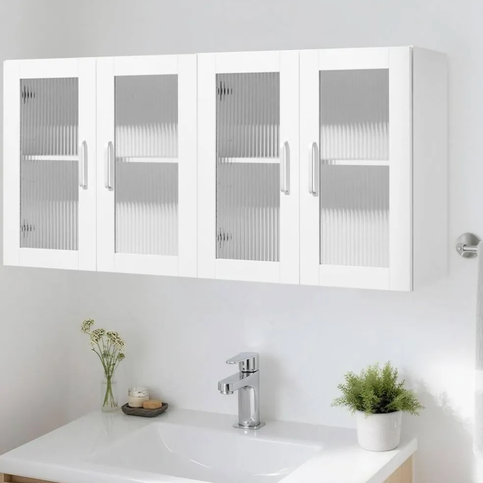 White Wall-Mounted Laundry Cabinets Set of 2 with 4 Doors Adjustable Shelves