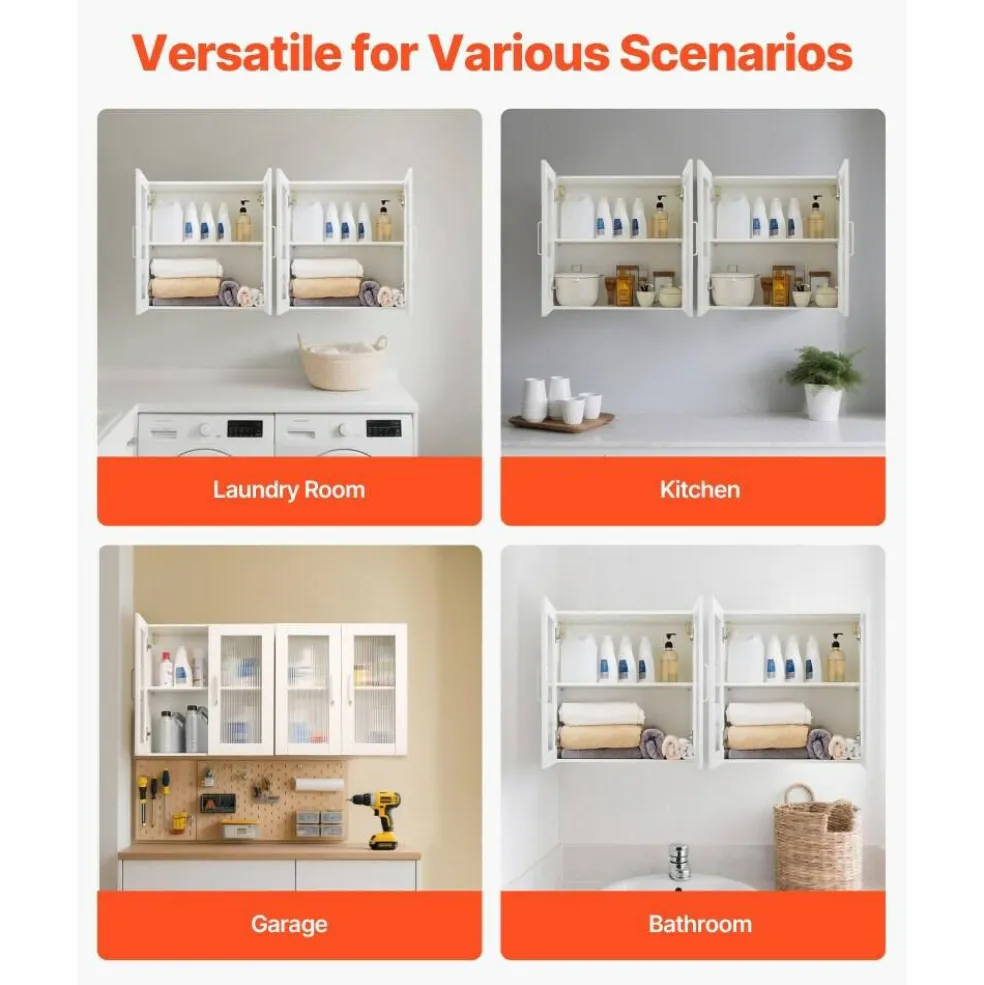 White Wall-Mounted Laundry Cabinets Set of 2 with 4 Doors Adjustable Shelves