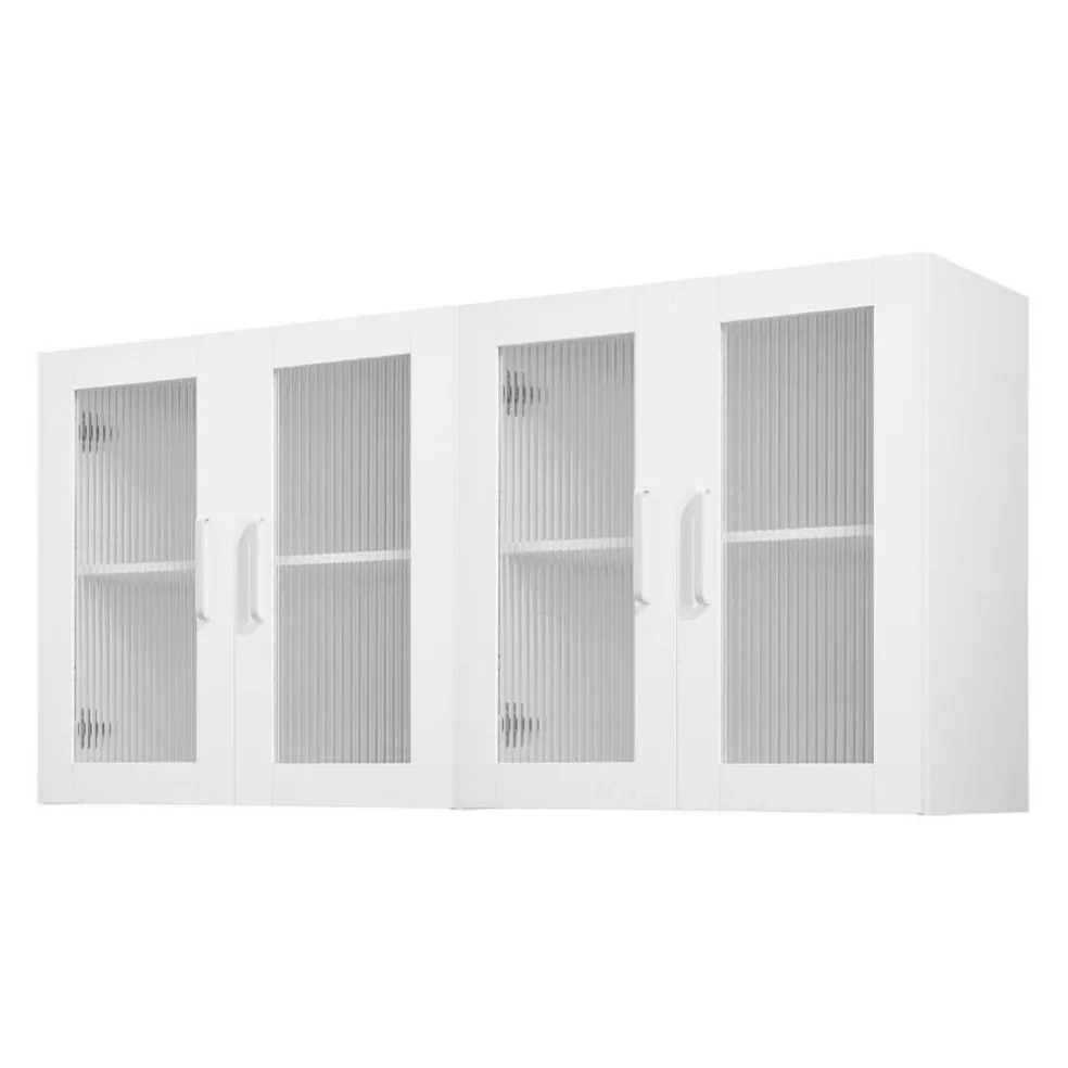 White Wall-Mounted Laundry Cabinets Set of 2 with 4 Doors Adjustable Shelves
