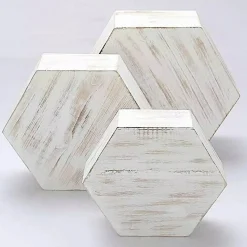 3 Whitewashed Wooden CAKE STAND Hexagonal Dessert Display Boxes Party Events
