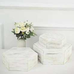 3 Whitewashed Wooden CAKE STAND Hexagonal Dessert Display Boxes Party Events