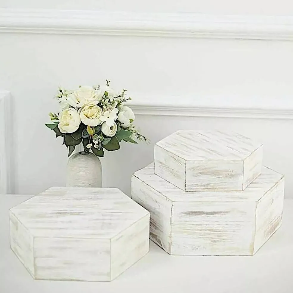 3 Whitewashed Wooden CAKE STAND Hexagonal Dessert Display Boxes Party Events