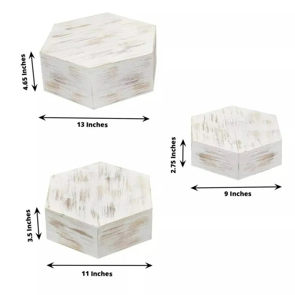 3 Whitewashed Wooden CAKE STAND Hexagonal Dessert Display Boxes Party Events