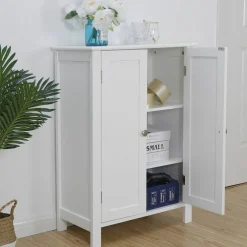 White Wooden Bathroom Floor Cabinet Storage.