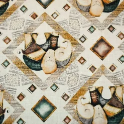 White-Yellow-Multi Elephant Diamond Pattern Printed Linen Woven Fabric By the Yard