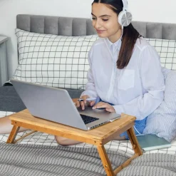 Wicker Laptop Lap Tray with Adjustable Legs and Tilting Heat-dissipation Top- Natural
