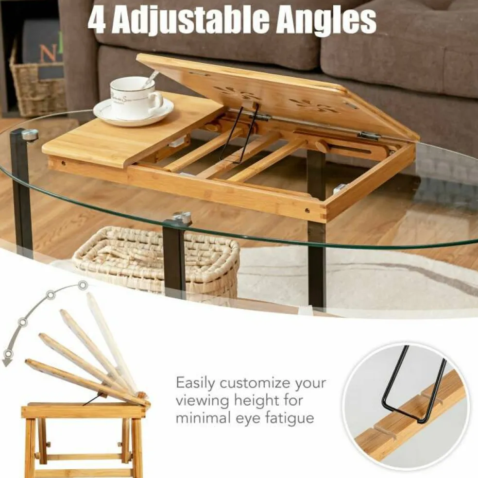 Wicker Laptop Lap Tray with Adjustable Legs and Tilting Heat-dissipation Top- Natural