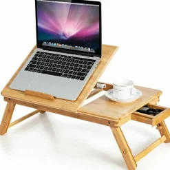 Wicker Laptop Lap Tray with Adjustable Legs and Tilting Heat-dissipation Top- Natural