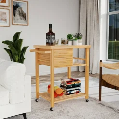 Wicker Storage Trolley with Drawers and Tower Rack for Kitchen