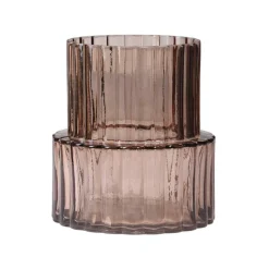 Wide Neck Short Amber Ribbed Glass Vase