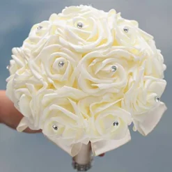 WIFELAI-A Ivory Cream Bouquet for Bride Bridesmaids with Diamond Soft Ribbons Artificial PE Rose Bridal Holding Flowers for Wedding, Party and Church(Dia:8.26inchH:10inch Ivory W2018)…
