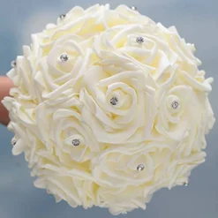 WIFELAI-A Ivory Cream Bouquet for Bride Bridesmaids with Diamond Soft Ribbons Artificial PE Rose Bridal Holding Flowers for Wedding, Party and Church(Dia:8.26inchH:10inch Ivory W2018)…