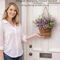 Wildflower Hanging Basket Door Decor, Artificial Spring Front Door Wreath Basket with Rattan & Colorful Wildflowers, Farmhouse Porch Wall Hanging Ornament for Indoor Outdoor Home Decoration