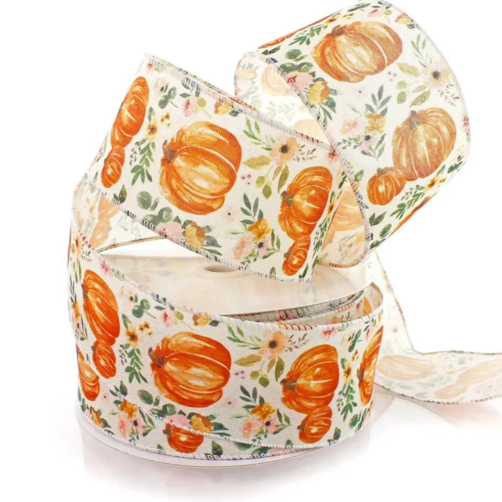 2 1/2" Wired Ribbon Fall Boho Floral Pumpkins 10 Yards