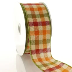 2 1/2" Wired Ribbon Fall Gingham Plaid Orange/Green/Maroon 10 Yards