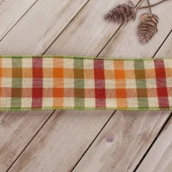 2 1/2" Wired Ribbon Fall Gingham Plaid Orange/Green/Maroon 10 Yards