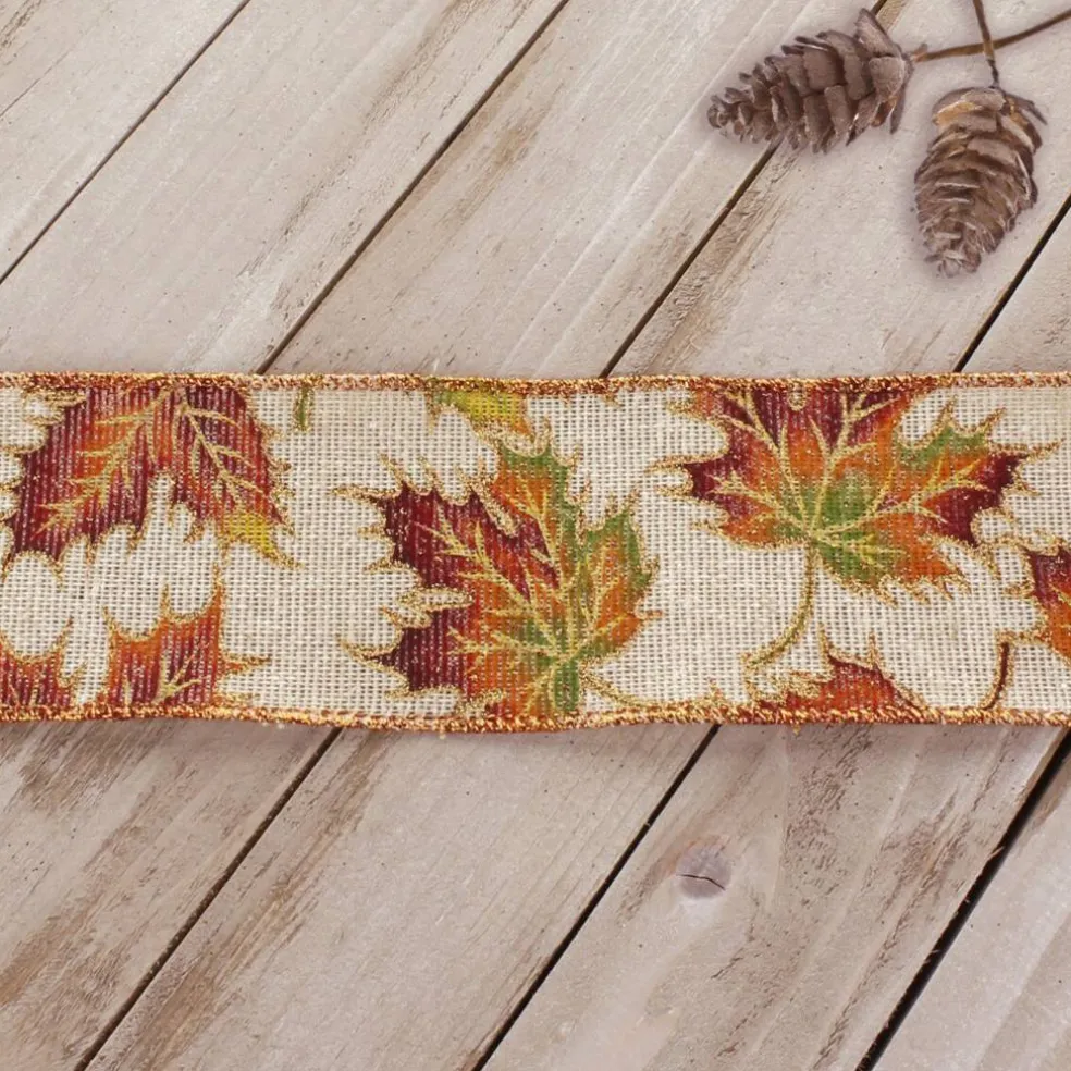 2 1/2" Wired Ribbon Fall Leaves on Natural Burlap 10 Yards