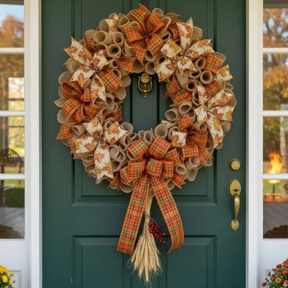 2 1/2" Wired Ribbon Fall Leaves on Natural Burlap 10 Yards