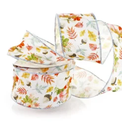 2 1/2" Wired Ribbon Fall Pastel Pumpkins, Foliage, and Acorns 10 Yards
